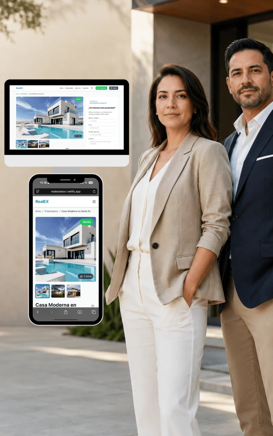 Asesores inmobiliarios mostrando su sitio web y su versión móvil frente a una propiedad.