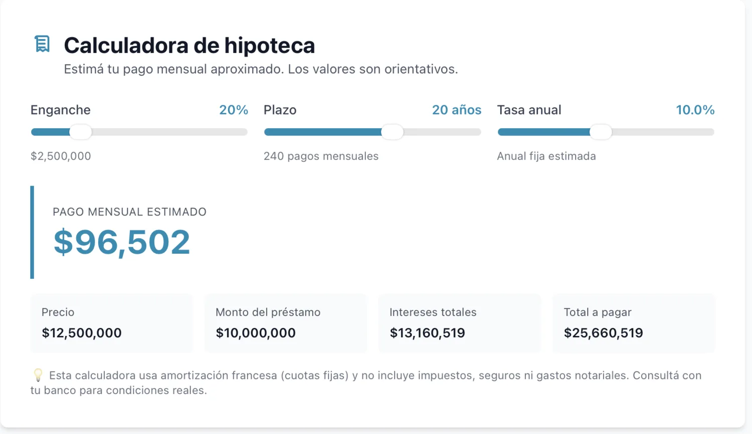 Calculadora de hipoteca integrada mostrando el pago mensual estimado.