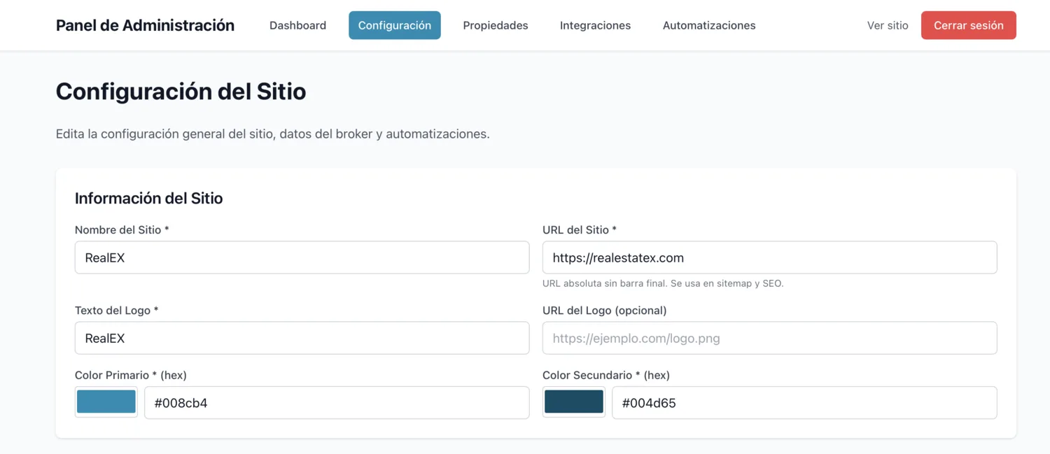 Pantalla de configuración del sitio para cambiar nombre, logotipo y colores.