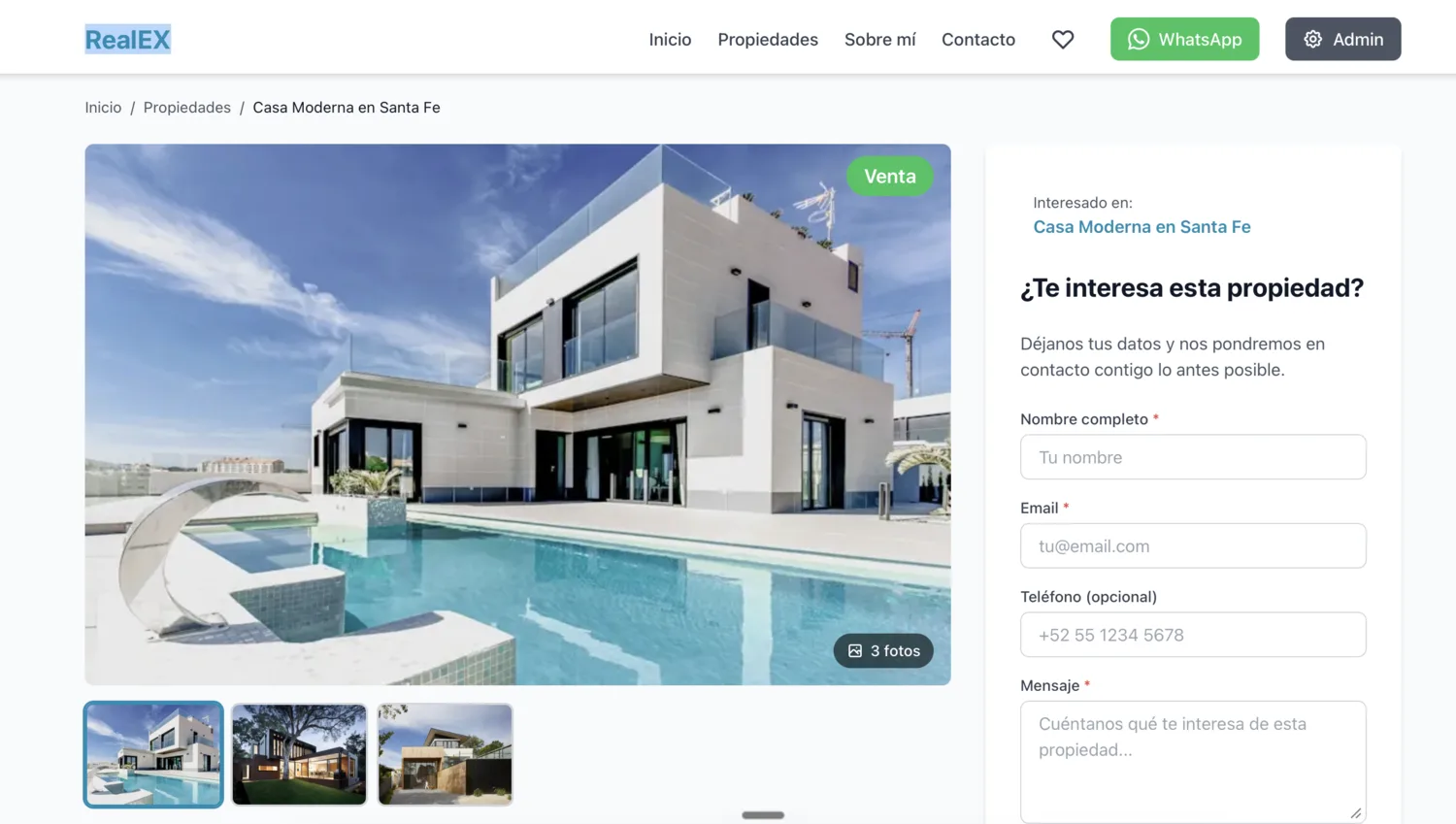 Ficha individual de una propiedad con galería, datos y formulario de contacto.