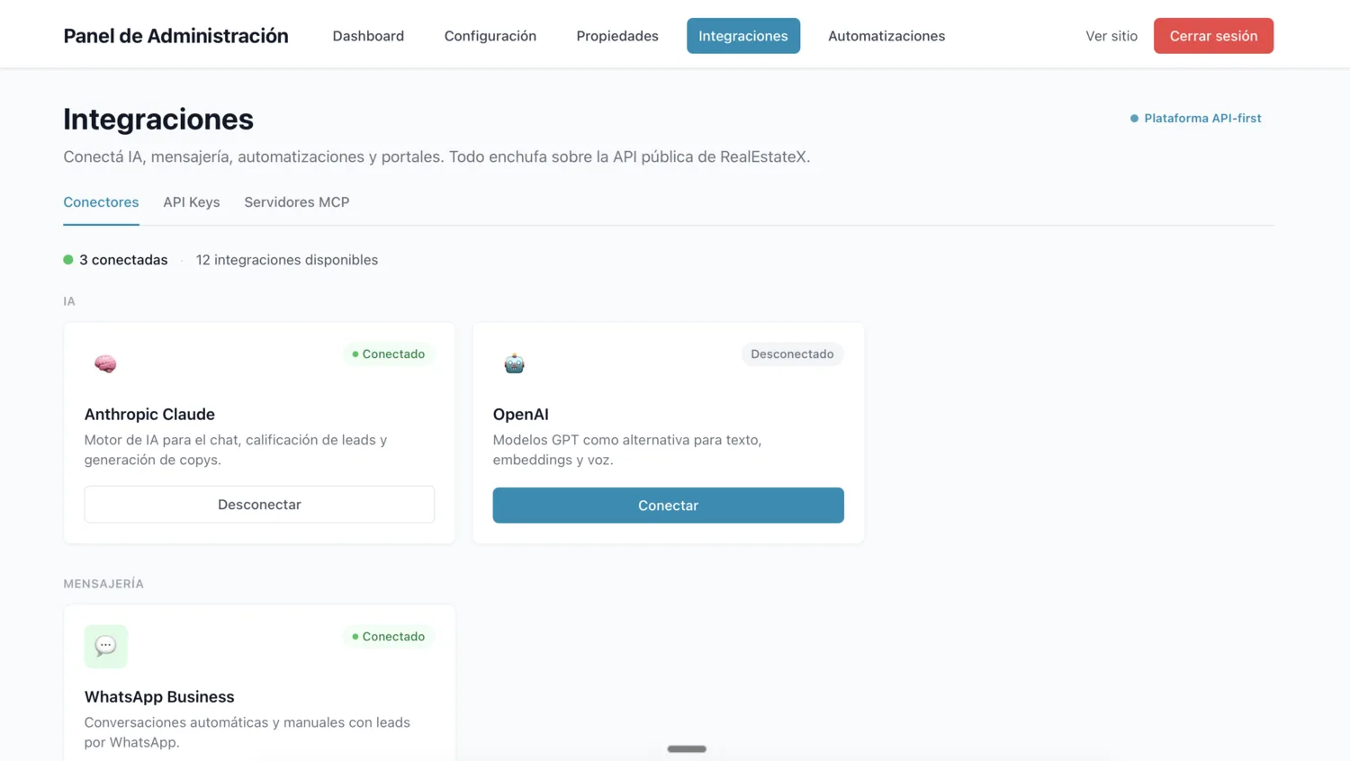 Pantalla de integraciones del panel de administración.