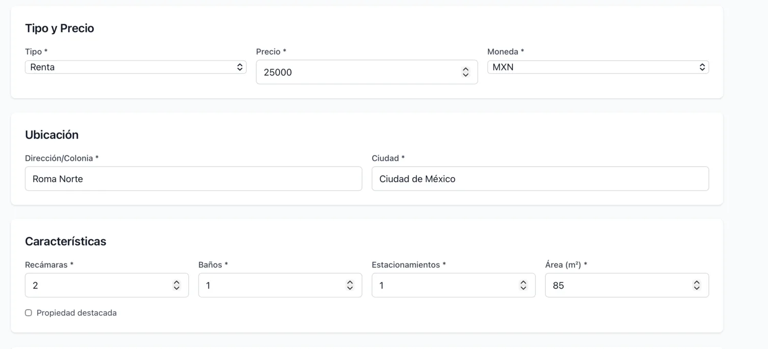 Formulario del dashboard para cargar los datos de una propiedad.